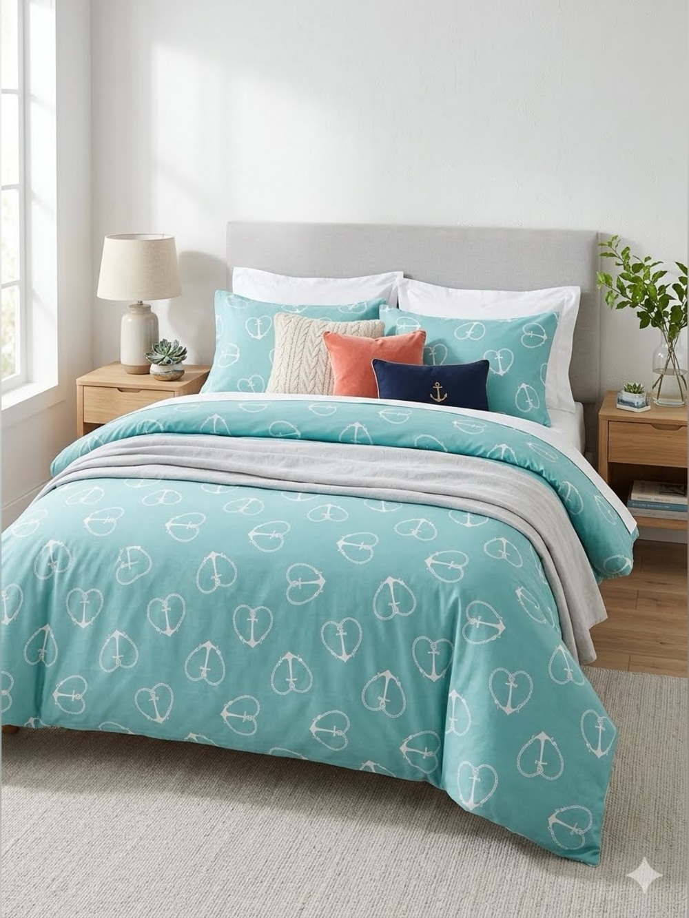 3 PC Aqua Anchor Heart Duvet Set